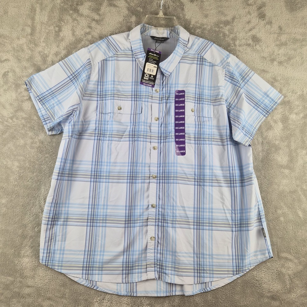 Eddie Bauer Adventure Shirt Womens XXL Blue White Plaid Short Sleeve NWT